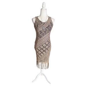Vintage Y2K Savvy Crochet Lace Midi Dress Small Boho Festival Tassel Hem